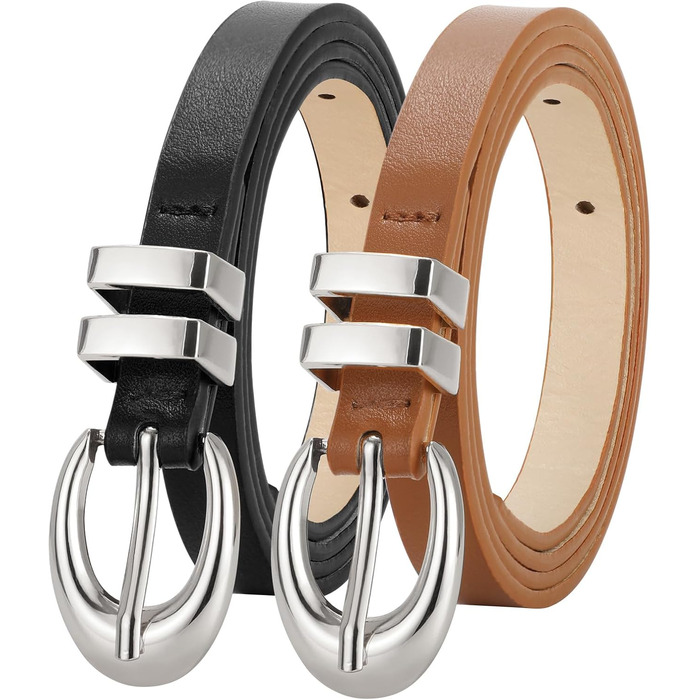 Жіночі шкіряні ремені WERFORU: 2 шт. у комплекті. Тонкі ремені для джинсів, штанів, суконь. Розміри: 78-93 см та 99-114 см (Чорний+коричневий)