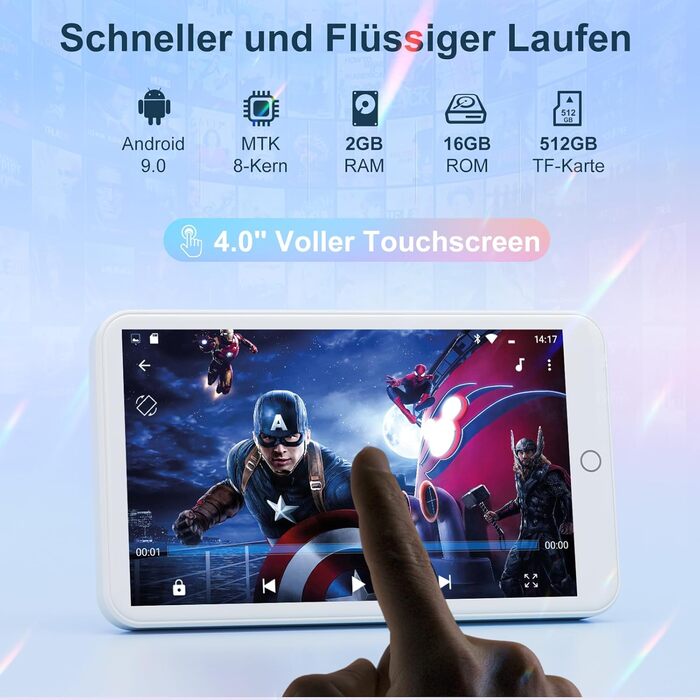 MP3-плеєр MECHEN на Android 9.0 з Wi-Fi та Bluetooth, 4-дюймовий сенсорний екран, підтримка Spotify, Amazon Music, Audible, радіо, білий колір — ідеальний для спорту, подорожей та дітей