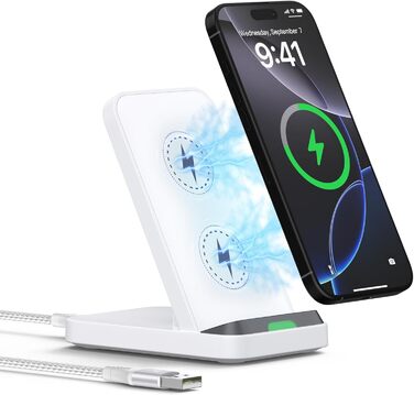 Бездротовий зарядний стан 15W для Samsung Galaxy S25/S24/S23/S22/S21 FE та iPhone 16/15/14, Google Pixel 9/8/7/6 (білий)