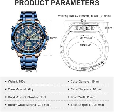 Чоловічий годинник з хронографом: сталевий, водонепроникний, з датою та будильником, аналогово-цифровий дисплей (рожеве золото/блакитний)