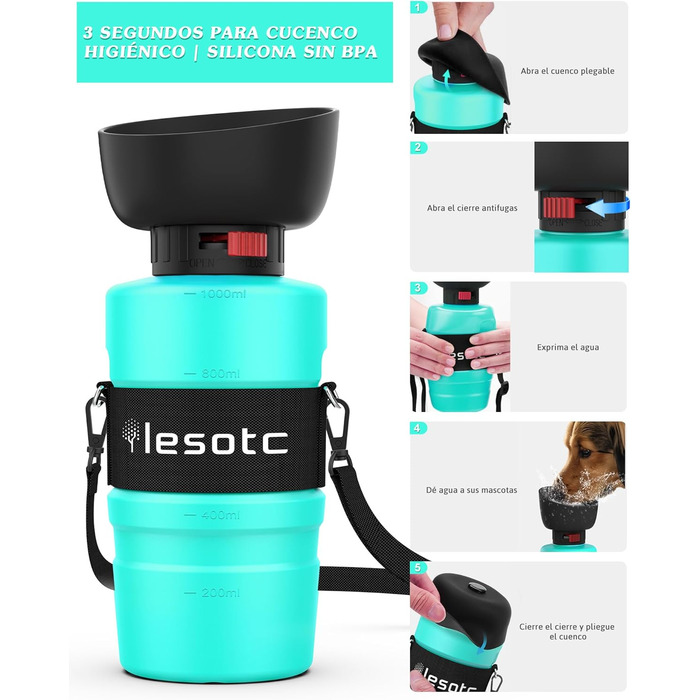 Складана пляшка для води для собак Lesotc, 1000 мл, блакитний колір (для прогулянок, подорожей, кемпінгу)