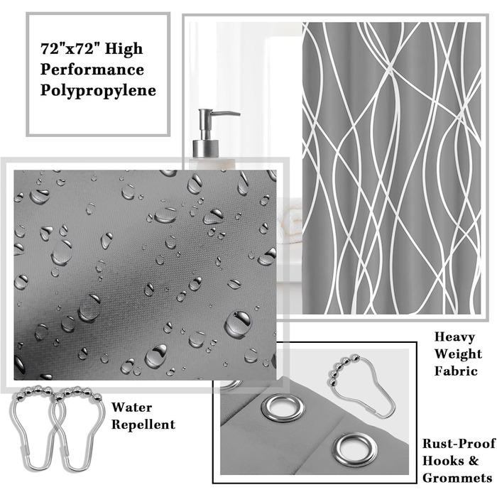 Набір аксесуарів для ванної кімнати Britimes, сірий: душова завіса, відро для сміття, дозатор мила, тримач для унітазної щітки, тримач для зубних щіток та стаканчик для зубних щіток