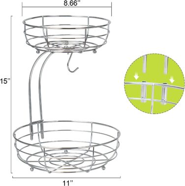 Металева фруктова корзина Bomclap з підставкою для бананів - 2 яруси. Сучасна фруктова корзина для кухні. Декоративна корзина для овочів та фруктів (срібна)