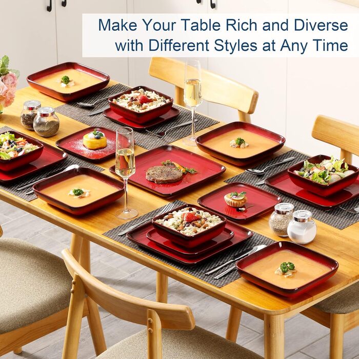 LOVECASA Сервіз Tafelservice Vibri, 16 частин, квадратний сервіз з кераміки для 4 осіб | Тарілки, чашки, десертні тарілки та миски, (Червоний, 16 частин)