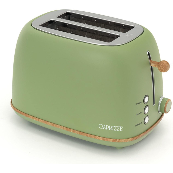 Тостер Kaito з широким подвійним слотом, 3,8 см та 13,5 см, 6 рівнів підсмажування, вінтажний дизайн, ефект дерева, матово-зелений колір