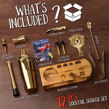 Набір шейкер для коктейлів Barkeeper Kit: 12 предметів з бамбуковим підставкою | Набір бармена з аксесуарами для приготування напоїв, для бару, дому, лаунж та вечірок (Золотий) з титановим покриттям