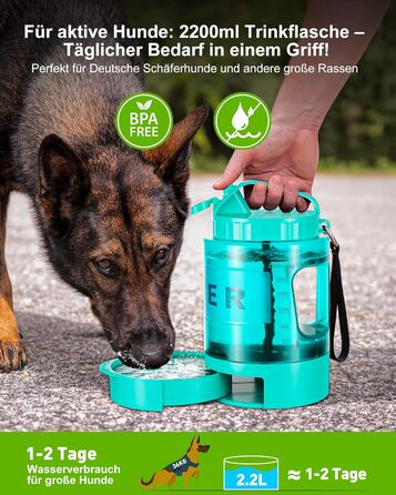 Поїлка для собак Lesotc 2200 мл, велика, для подорожей та кемпінгу (м'ятний)