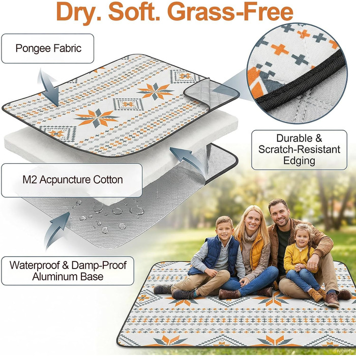 Плед для пікніка водонепроникний 200x200 см, пляжний килим без піску, складаний, з ручкою для перенесення (на 4-6 осіб) - ідеально для пляжу, кемпінгу та пікніків