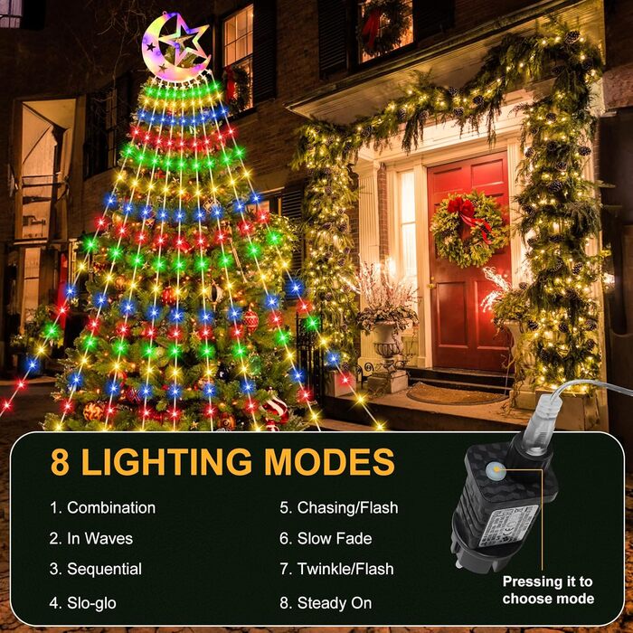 Гірлянда для ялинки 3.5м, 346 LED, 9 струмків, зірка-верхівка, 8 режимів, вологостійка, тепле біле світло (RGB), для декору ялинки