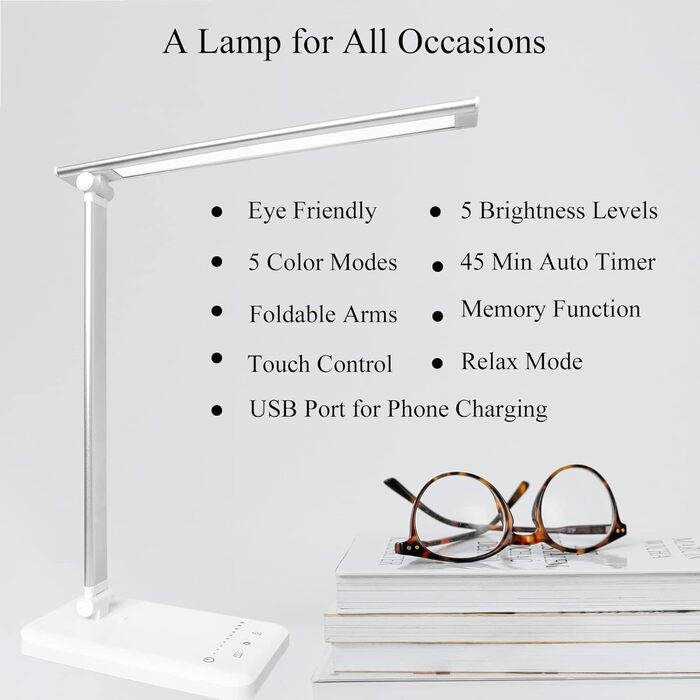 LED настільна лампа з димуванням, 5 рівнів яскравості, 5 кольорів, USB, таймер, сенсорне управління, пам'ять, для дітей, дівчаток