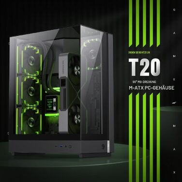 Ігровий корпус GAMEMAX T20 BK M-ATX, панорамне загартоване скло 270°, вертикальна установка GPU, 2x120мм ARGB вентилятори, підтримка 360мм радіатора та SFX/SFX-L БЖ, BTF-Ready, чорний