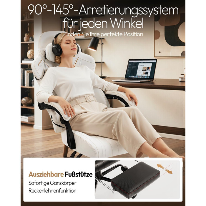 Ігровий крісло Dowinx з масажем, ергономічний дизайн, підтримка попереку та шиї, до 135 кг, шкіра, для дорослих (білий)