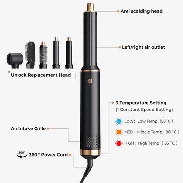 6-в-1 Стайлер для волосся 1000W з насадками, фен-щітка, плойка для локонів, сушка та укладка волосся, Braun