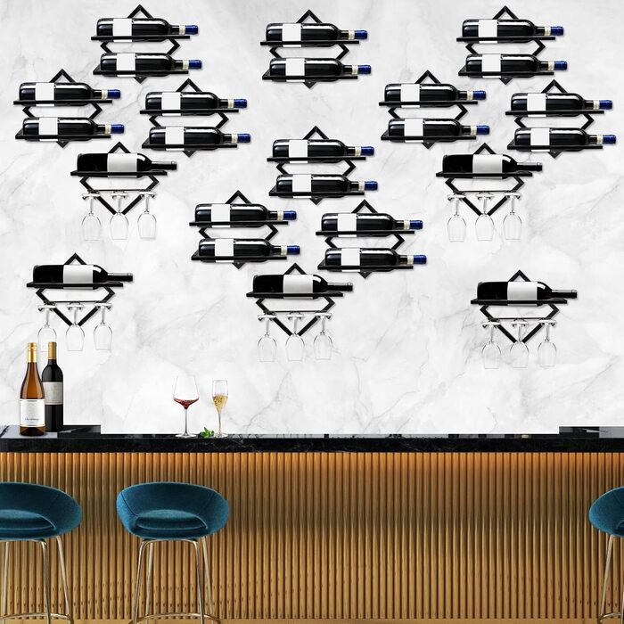 2pcs Metal Wall Mounted Wine Rack Stemware Glass Rack, Foldable Wall Hanging Red Wine Shelf Organizer with 3 Stem Glass Holders, Black Wine Bottle Hanger for Home Kitchen Bar Wall Decor