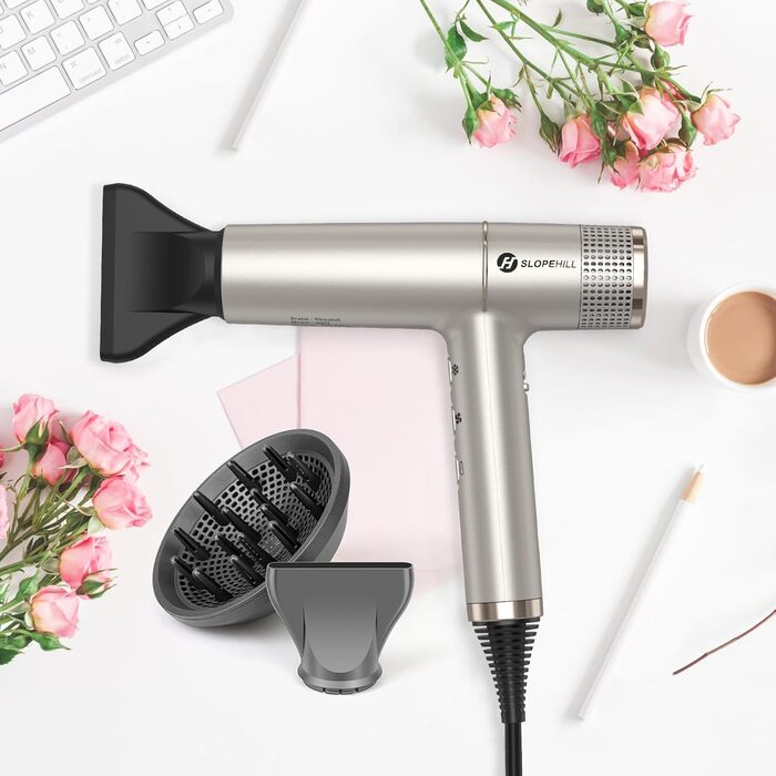 Фен Slopehill з унікальним безщітковим мотором | Інтелектуальна діагностика несправностей | Інноваційний мікрофільтр | Oxy Active Technology | LED-дисплей | 268г, 2000W (Champagne Gold)