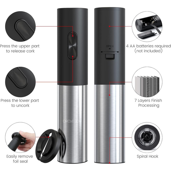 Електричний відкривачка вин CIRCLE JOY - автоматичний штопор з ножем для фольги, нержавіюча сталь