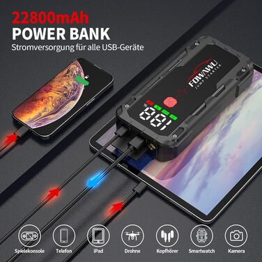 Powerbank FOWAWU 7000A 22800mAh з автостартом та LED-ліхтариком для автомобіля, мотоцикла, газонокосарки