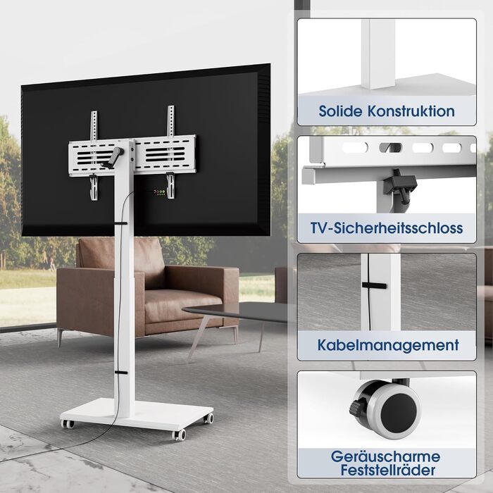 FITUEYES Rolling TV Stand - Mobile TV Cart for 32-75 inch Plasma/LCD/LED TVs - Adjustable Height, Swivel ±30°, Tilt 10°-40° - VESA 600x400mm - White