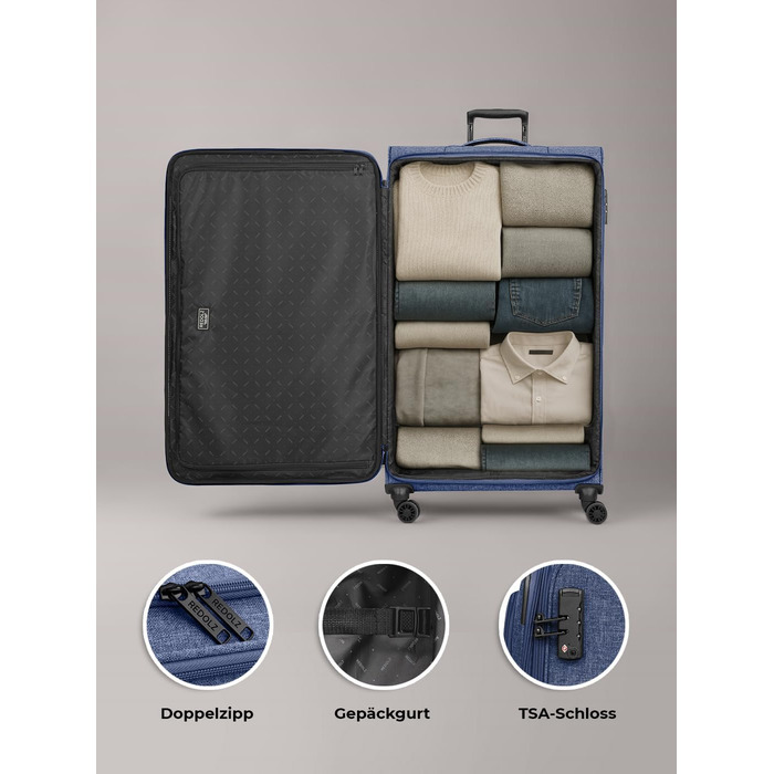 Набір валіз REDOLZ 3 шт. для жінок та чоловіків | Легкі та стабільні валізи-тролі, якісний Softcase, 4 подвійні колеса та TSA-замок | Розширювані з деhnfalten (Essentials 12) (Blue, XL розмір (90 см), 4 колеса)