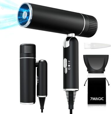 Фен для волосся 7MAGIC з концентратором, компактний туристичний, 1600W, захист від перегріву, іонізація 300 млн., для всіх типів волосся, зелено-чорний