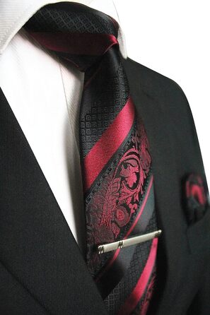 Набір краваток чоловічий JEMYGINS з поєднанням ромбічних візерунків та смужок, з краваткотримачем та кишеньковим хустиною, бордовий