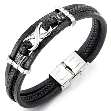 Браслет шкіряний Coolsteel&Beyond Infinity, плетінка з нержавіючої сталі, срібний/чорний