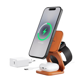 Бездротова зарядна станція KU XIU X40 Turbo Qi2.2 25W 3-в-1 для iPhone 17/16/15/14/13/12, Apple Watch та AirPods, алюмінієва, з адаптером GaN 45W (Космічний Помаранчевий)