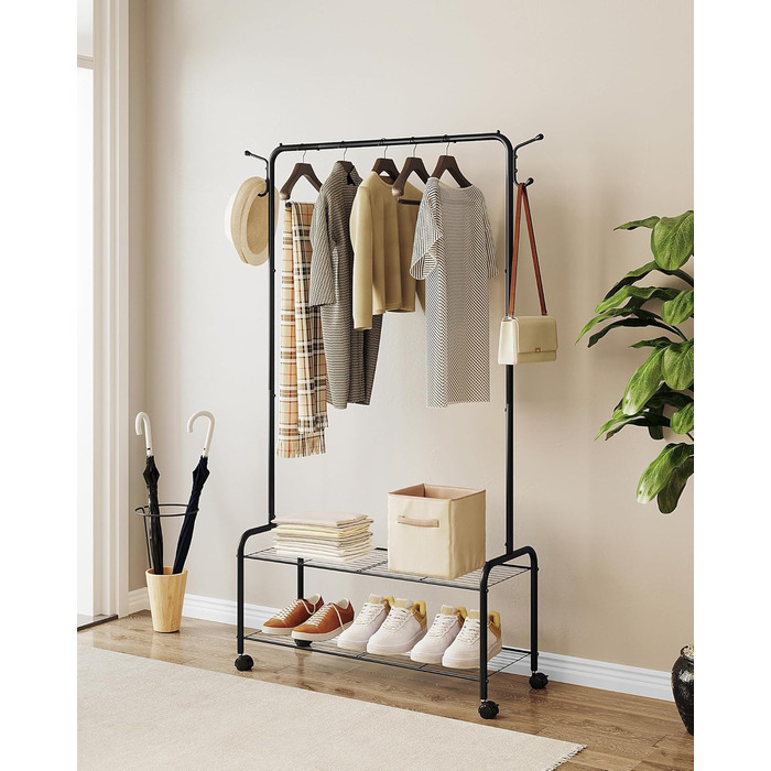Clothes Rack with 2-Tier Shelf, 3-in-1 Design, Clothes Stand with 4 Wheels, Coat Rack with 4 Hooks for Bags, GR07499A (Black)