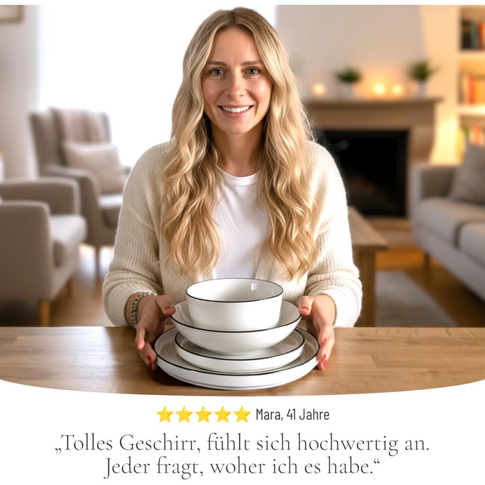 Набір посуду Porzellan Crystal 24 елементи для 6 осіб: тарілки, миски, тарілки для їжі. Білий посуд з чорним краєм Pure Living.