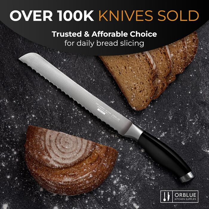 Ніж для хліба Orblue з нержавіючої сталі з хвилястим лезом - професійний кухонний ніж, ідеальний для хліба, багелів та випічки, чорний