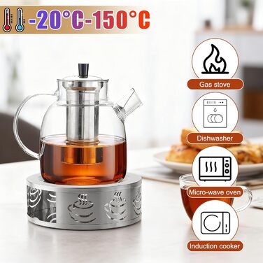 Скляний чайник для заварювання чаю 1800 мл з підставкою-підігрівачем, кришкою та ситом для листового чаю та чайних пакетів