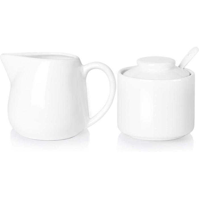 Porcelain sugar bowl and cream pitcher set, 3 pieces, spoon, sugar bowl with lid, cream-colored (white)