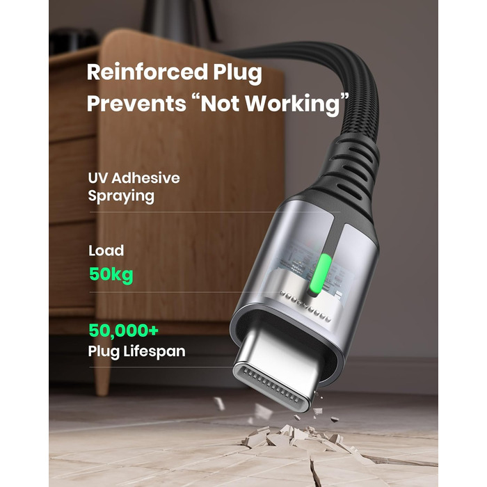 Кабель USB-C на USB-C, 3.1A, 0.3м, з LED-підсвіткою, нейлон, чорний - для iPhone, Samsung, Google Pixel