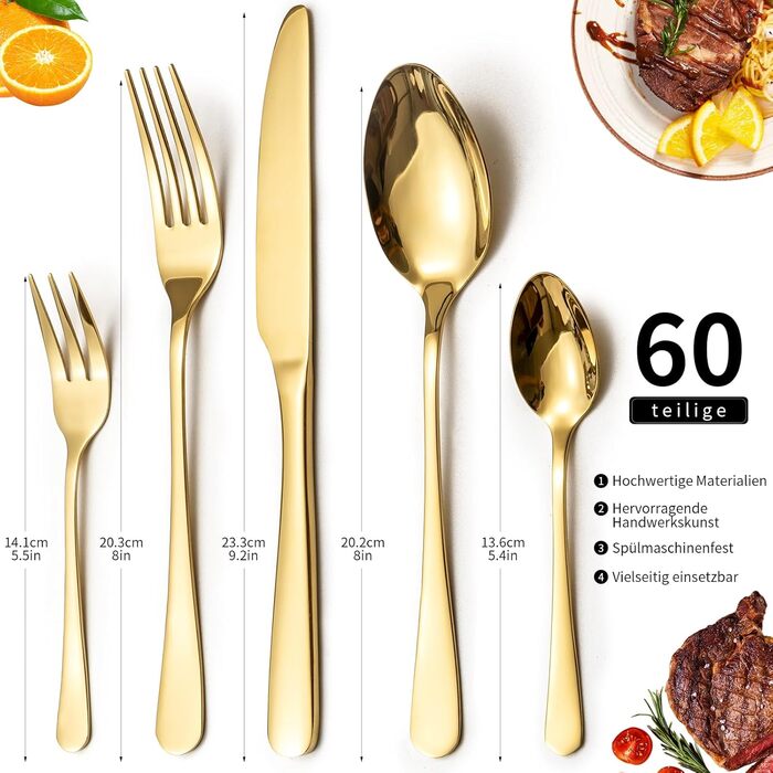 LAZAHOME Cutlery Set, Stainless Steel Mirror Polished 60-Piece Cutlery Set for 12 People, Dining Cutlery Set with Knife Fork Spoon for Family/Party/Hotel/Restaurant, Gold Flatware, Dishwasher Safe Gold 60 Pieces