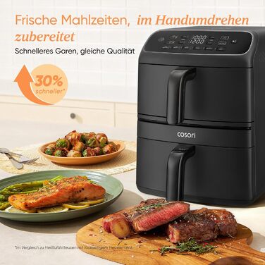 COSORI Airfryer Turbo Tower Compact 8.6L: Фритюрниця з двома камерами, керамічне покриття, 2700W, чорна