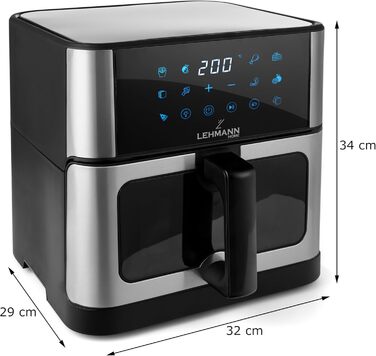 Фритюрниця повітряна LEHMANN з 2 камерами, 2400 Вт, AirFryer XXL з 12 програмами, до 200°C, WiFi, 10л, з вікном, для смаження, випікання, сушіння, грилю