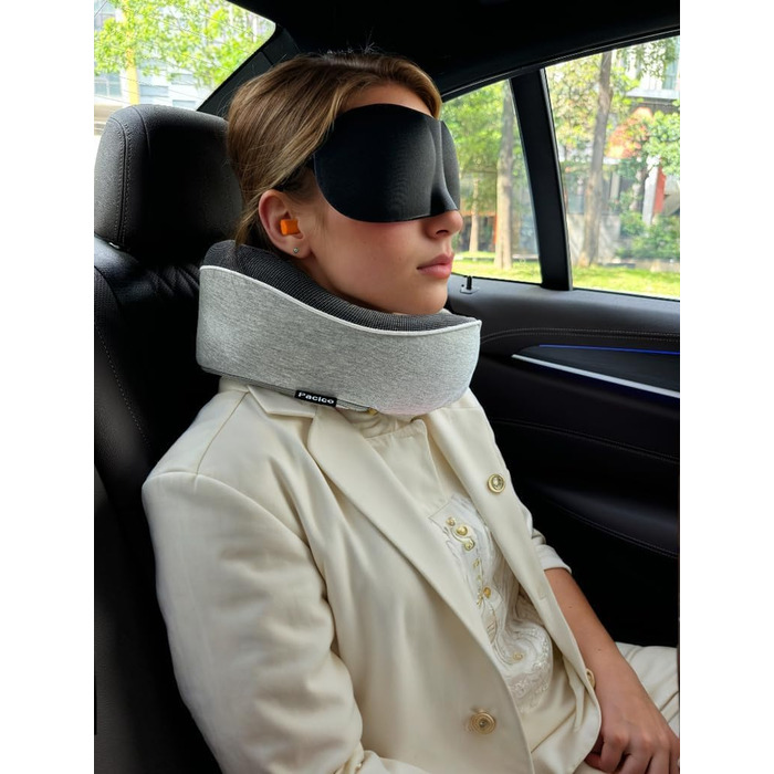 Подушка для шиї, подорожі: Memory Foam, для авто, поїздів, літаків. Комплект з маскою для очей та навушниками (світло-сіра)
