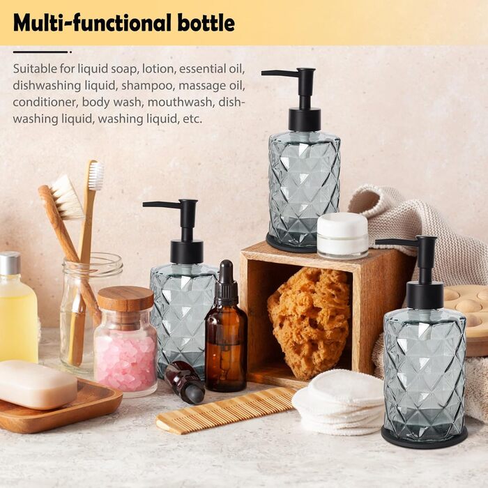 Набір з 3 скляних дозаторів для мила Omtofo, 330 мл, чорний, з нержавіючою сталею, для ванної кімнати
