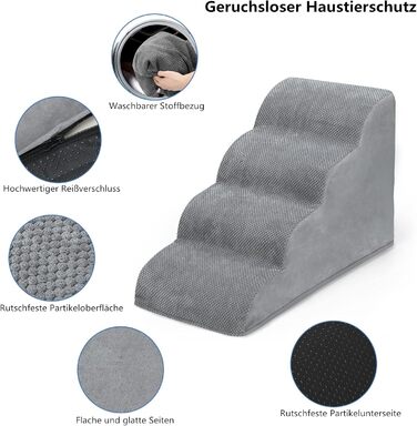 LIANTRAL Dog Stairs, 3 Steps Dog Staircase for Bed and Sofa, Made of High-Density Sponge, Cat Stairs Dog Ramp with Removable, Washable Cover and Pet Hair Remover Roller, 40 cm High (4 Steps Grey)