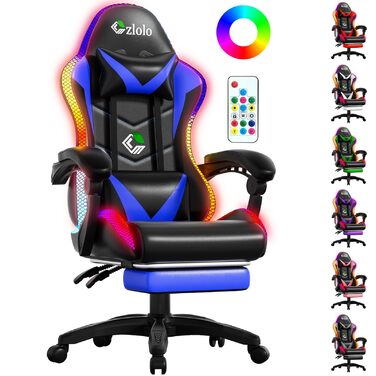 Геймерське крісло Czlolo RGB LED з підставкою для ніг, ергономічне, для дорослих та дітей, блакитне