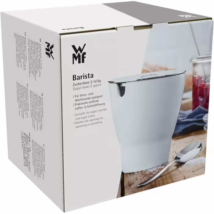 WMF Barista Sugar Bowl with Spoon, 130g, Porcelain, Polished Cromargan Stainless Steel, Spoon & Pouring Spout, for Granulated and Cubed Sugar