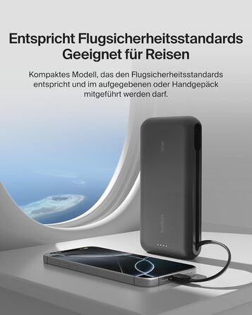 Зовнішній акумулятор Belkin Portable Powerbank 20000 mAh 30W з вбудованим кабелем USB-C PD для iPhone 16, iPad Pro, Samsung Galaxy S25, чорний