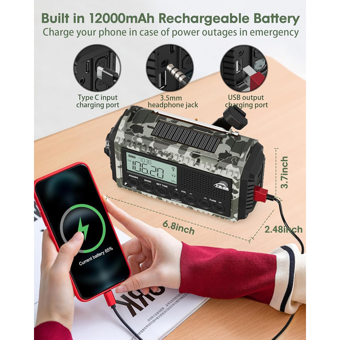 Радіо Kurbelradio на сонячній батареї та з ручкою, 12000mAh, AM/FM/SW, USB-зарядка, SOS-сигнал, для кемпінгу та надзвичайних ситуацій, зелений (сірий камуфляж)