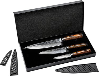 Набір кухонних ножів Wolfblood Damast 3 шт (32/26/20 см) з дамаської сталі 67 шарів, твердість 62 HRC, сертифіковано TÜV + чохол та подарункова коробка