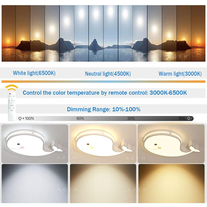 LED Ceiling Lamp Dolphin Shape Dimmable with Remote Control Boy Girl Baby Kids Children's Room Lamps Ceiling Children's Room Bedroom Lamp Room Lighting Chandelier, White, 50cm (White)
