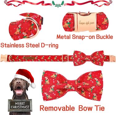 Нашийник для собак Unique Style з знімною метеликом, для маленьких, середніх та великих собак, регульований, XXS-XL (S (1 шт), Олень на Різдво)