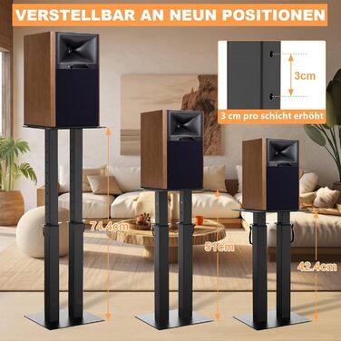 Регульовані підставки для колонок з кабельний-менеджментом, комплект 2 шт, стійки для підлогових динаміків з протиковзаючими килимками EVA, навантаження до 10 кг, 26 x 22 x (42-74.5) см