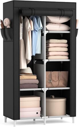 Wardrobe, Portable Fabric Clothes Closet with Clothes Rod, 6 Shelves, 4 Side Pockets, and Cover, Sturdy Clothes Racks for Bedroom Dressing Room (Black, 84 x 42 x 162 cm)