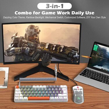 ZIYOU LANG Комплект ігрової клавіатури та миші з USB-C кабелем T60 Pro - 60% механічна клавіатура UK Layout (QWERTY), миша 6400DPI RGB, для PC/Mac