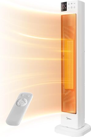 Midea NTH20-22GR(WH) Heater - Energy-Saving, Quiet with Remote Control, PTC 2000 Watt Ceramic Heater with Thermostat, 2 Heat Settings, 24H Timer, ECO Mode, for Large Rooms, 75° Oscillation, 76.5CM